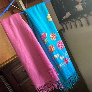Pink and Blue Floral Embroidered Scarves